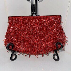 Vintage Lancome Beaded Clutch Purse with Braided Strap - Red
